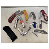 Lot of 4 Knives and 5 Multi Tools. One Sheath