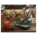 Misc lot.  Lamp covers. Bird items.