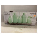 5 Glass Bottle w/ Wicker Tray Set
