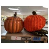 Ceramic pumpkin w/ lid & knit pumpkin.