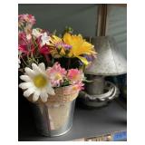 2pc Galvanized lot. Twine wrapped flower pot.