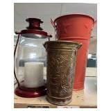 3 pc decor lot. Lantern. 2 metal buckets (great