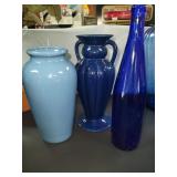 Lot of 2 Blue Vases & 1 Blue Bottle