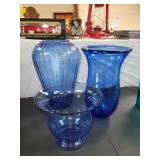 Lot of 3 Blue Glass Vases