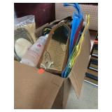 Misc box w/ bags, decor, shampoo & more