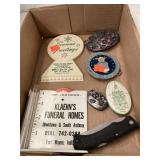 Lot of Belt Buckles, Rain Gauge and Knife