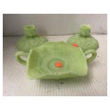 Green Milk Glass Dish and 2 Candle Holders