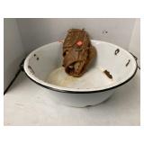 Enameled metal Wash Pan and H&B Baseball Mitt