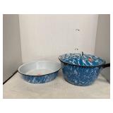 Swirled Light Blue Patterned Graniteware Pot Dish
