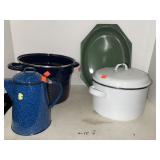 Granite ware lot. Pasta strainer. Coffee pot.