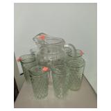 Vntg Glass Pitcher & 7 Glass Drinking Glasses