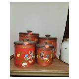 4 Piece Vntg Metal Canister Set W/ Wood Lids