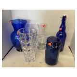 3 vases. Blue &  Lead glass & cut glass, canister
