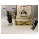 King Edward cigar box. Batteries. Flashlight.