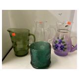 3 Glass Pitchers And Glass Cylinder