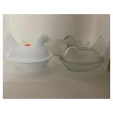 Hen on a Nest. Milk Glass & Clear.