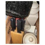 Misc lot. Incl basket. Canisters. Knives.  Etc.