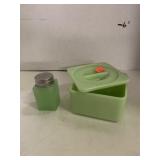 Green Glass Covered Dish and Salt Shaker