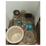 Flat of Glassware Including Roseville Crock That