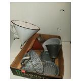 Flat of Enamelware & Funnels