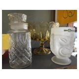 3 PCs glassware. Amber footed compote. Mr Peanut