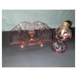 Pink Glass Dish & Decorative Oil Lamp