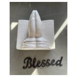 Praying Hands planter marked Rel po. W1057. Metal