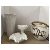 4 glass & pottery. Milk glass / hobnail.