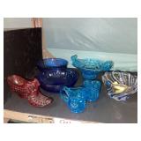 7 piece lot. Blue glass. Blue swirl. Red shoe.
