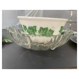 Fluted & footed glass bowl & vine printed white