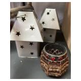 2 lanterns & candle holder.