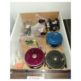 Flat W/ 4 cnt Fishing Reels  & Misc Fishing Items