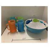 4 plastic mugs and bowl