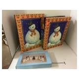 2 snowmen boxes and holiday fence decor