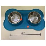 2 dog dishes with bone-shaped mat