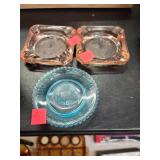 2 Pink Glass Ashtrays & Blue Glass 200 YEARS