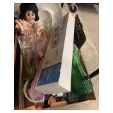 Box Lot Assorted Items w/ vases, doll, clipboard,