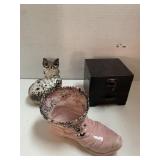 Little wood jewelry box, owl decor, boot planter