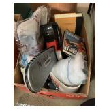 Books, toy chainsaw, misc