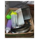 Box Lot W/ Cake Pans/Lids/Shaker Cup Etc