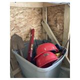 Tote w/Lid Misc. Helmets, Tools, Pan, Shovel