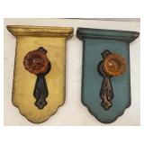 2 hooks on wood with vintage (?) Amber glass door