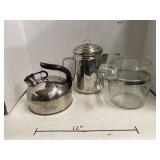 3 Kettles, one Revere Ware, one Pyrex, One