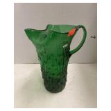 Green Glass Pitcher Approximately 9in Tall