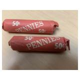 2 Rolls Pennies-44 ct 1938 Plain &50 ct 1937 Plain