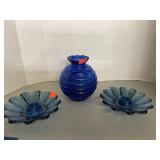 3 pc lot of blue glass. Vase & 2 candle holders.
