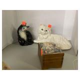 2 Ceramic cat figurines. Linden music box.
