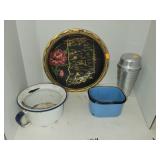 Enamel Dishes/ Gravy Shaker Etc