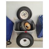 Tote of Small Tires & Rims (1 Tire Severely Cut