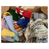 Box of knitted & crocheted items.